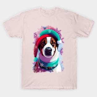 Dog wearing Santa Hat, christmas colorful snow ensemble pattern. T-Shirt